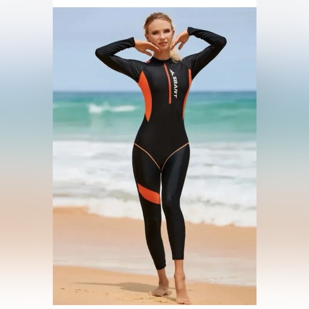 SBART Women's Long-Sleeve Full Coverage One-Piece Swimsuit in Black and Orange
